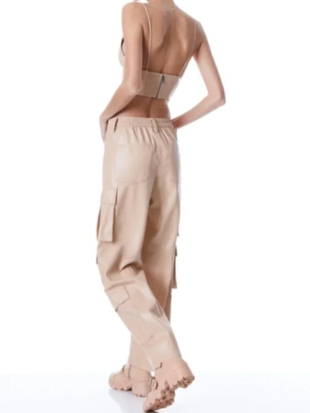 Alice + Olivia Luis Vegan Leather Cargo Pants Beige Wide Leg Size 2